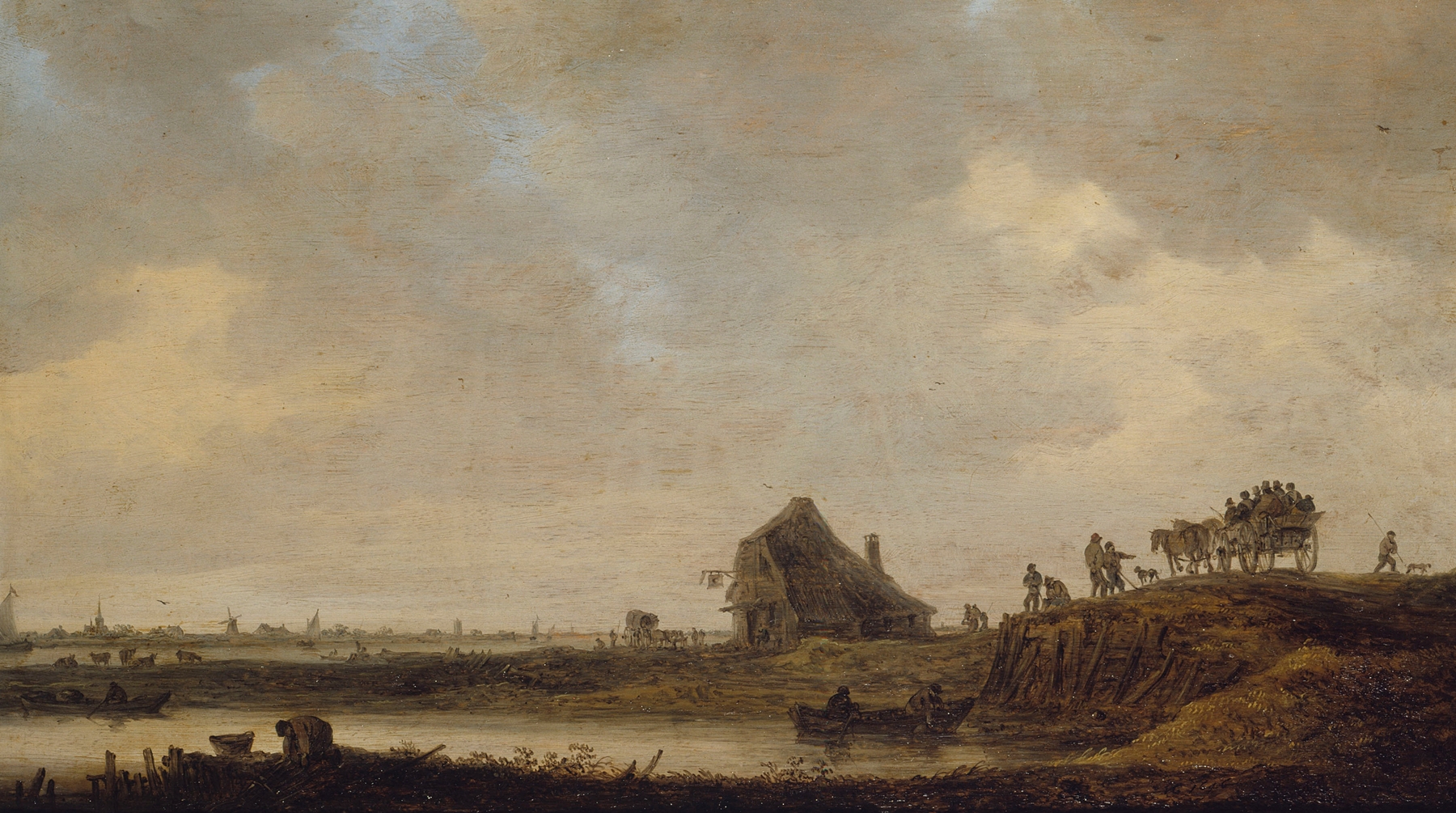 L’Auberge au bord de la rivière, oil painting by Jan van Goyen depicting a tranquil river scene.