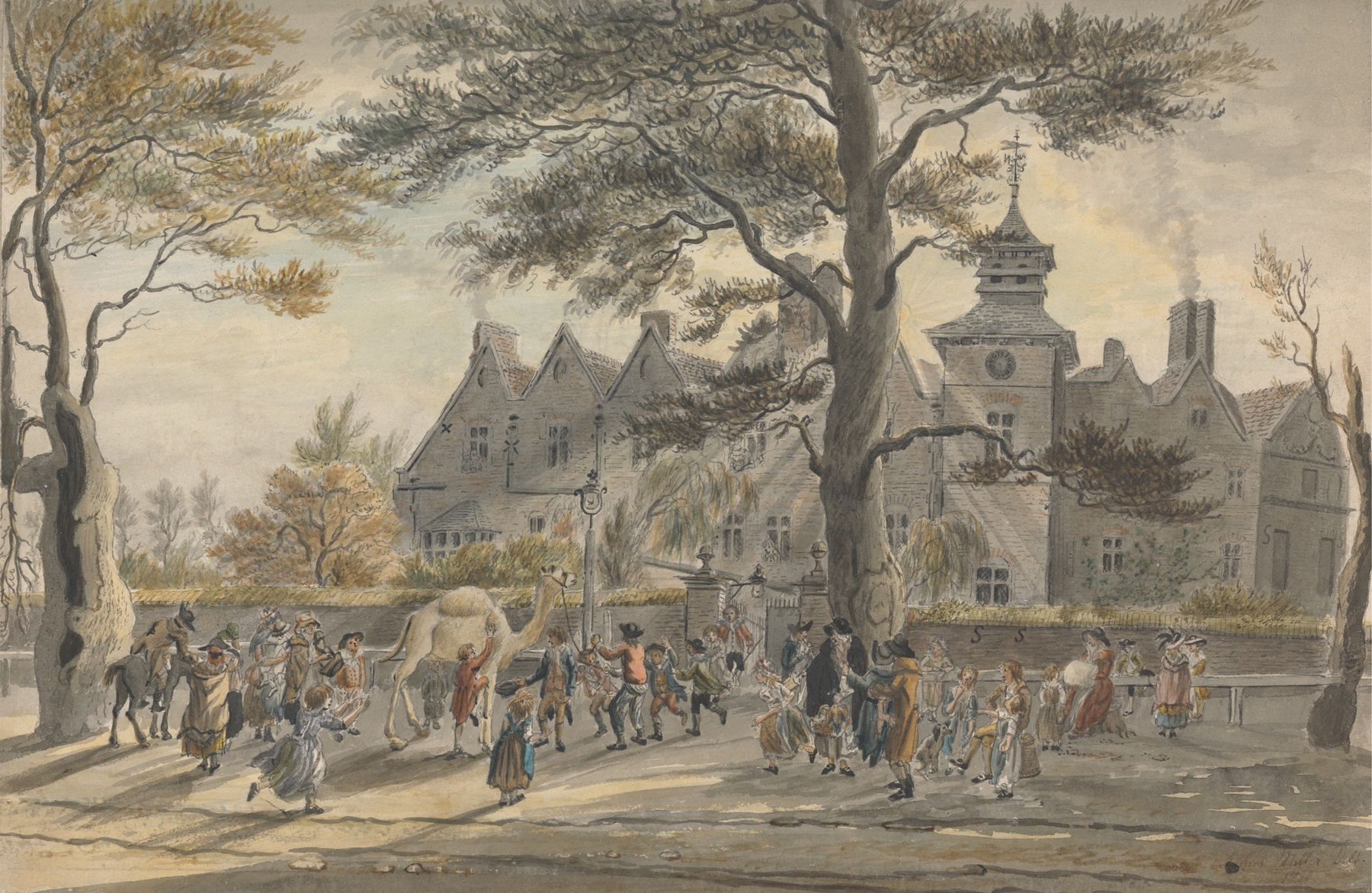 Genre scene depicting children in a courtyard, oil painting by James Miller
