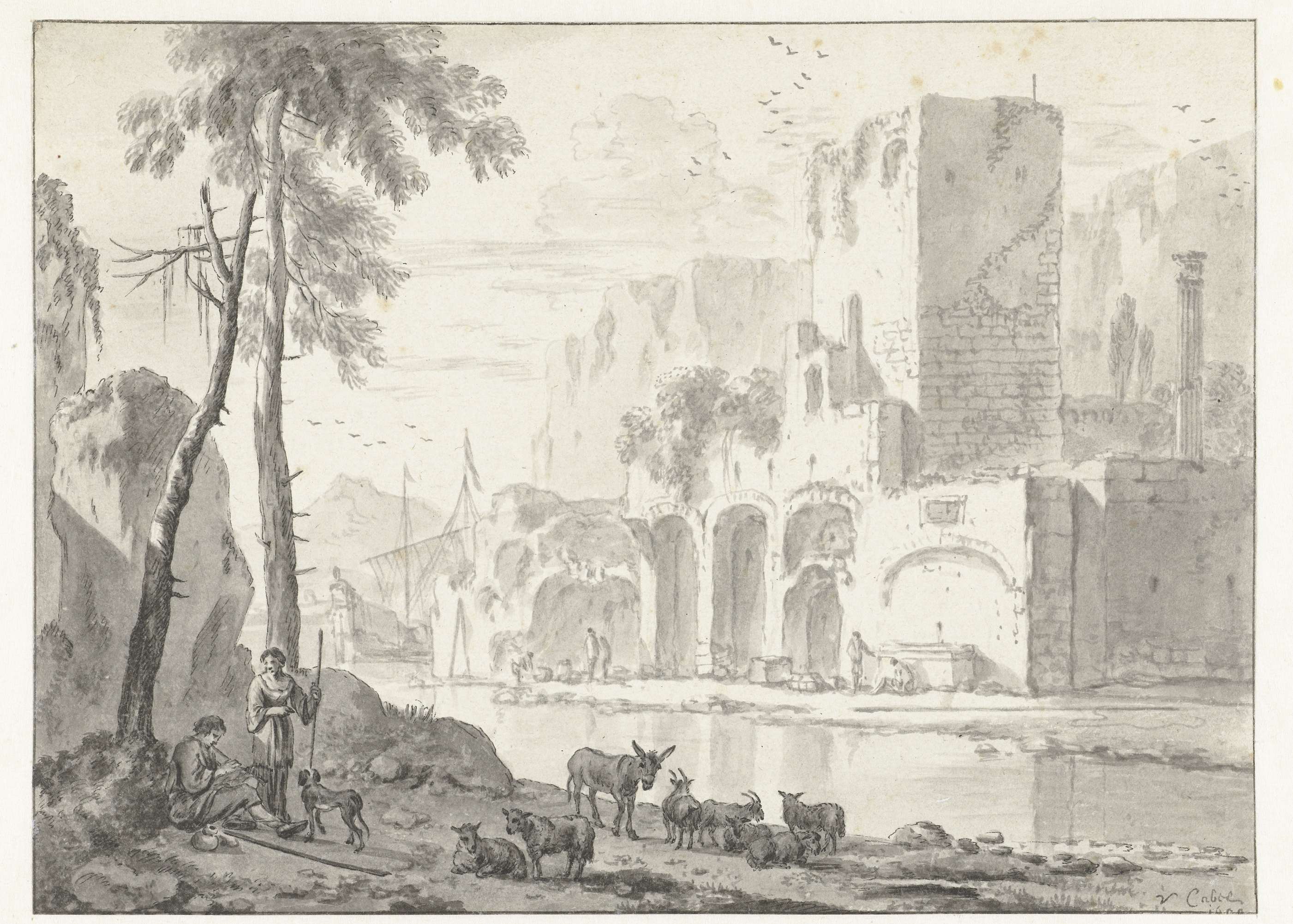 Oil painting by Adriaen van der Kabel depicting ruins by a river at sunset.
