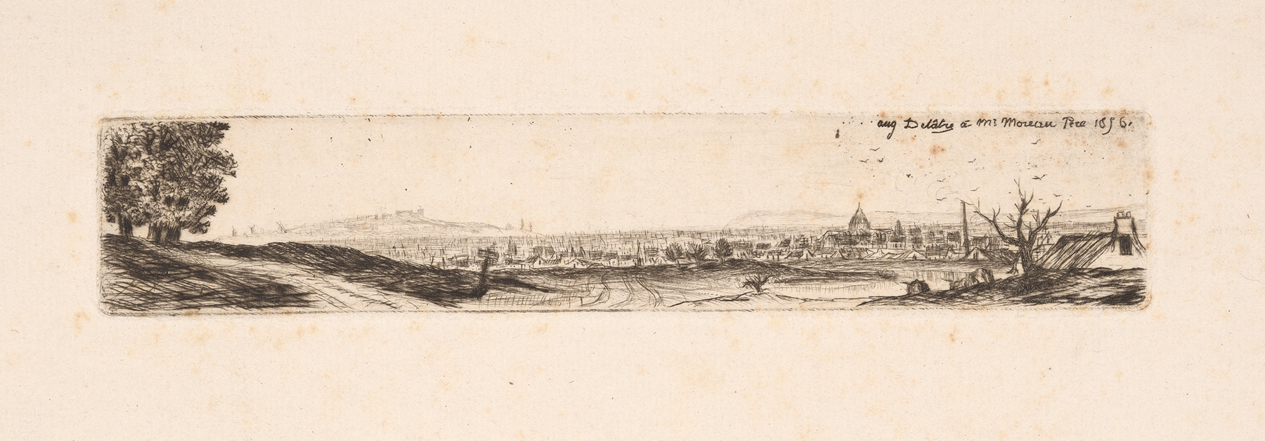 Engraving by Auguste Delâtre depicting a distant cityscape with clouds and a glowing horizon.