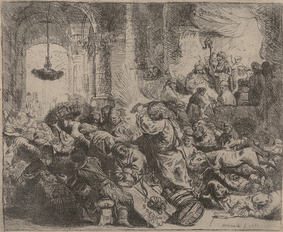 Rembrandt's 'Christ driving the money changers from the temple' depicts a dramatic biblical scene.