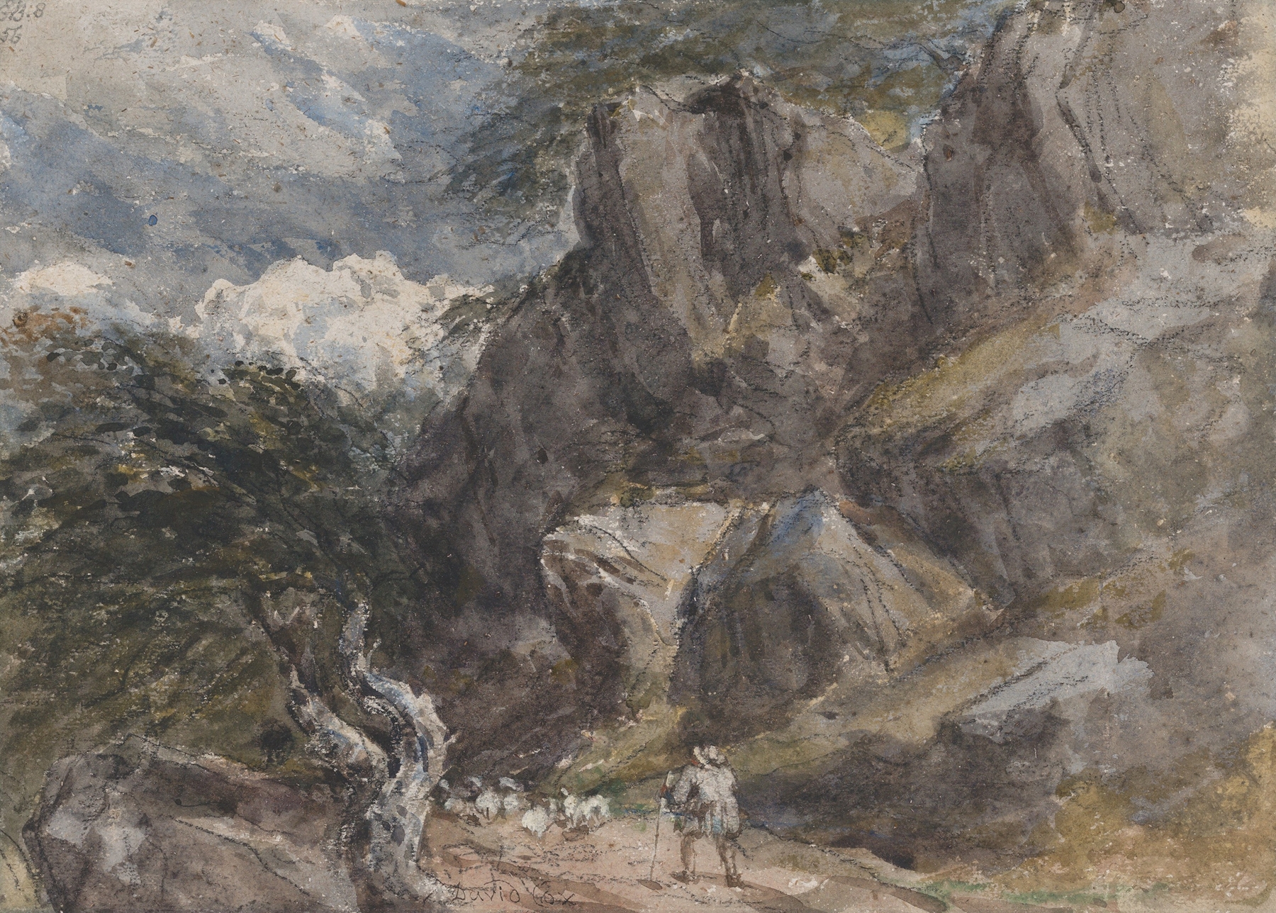 Driving Sheep in a Rocky Landscape by David Cox, oil painting of a shepherd guiding sheep through rocky terrain.