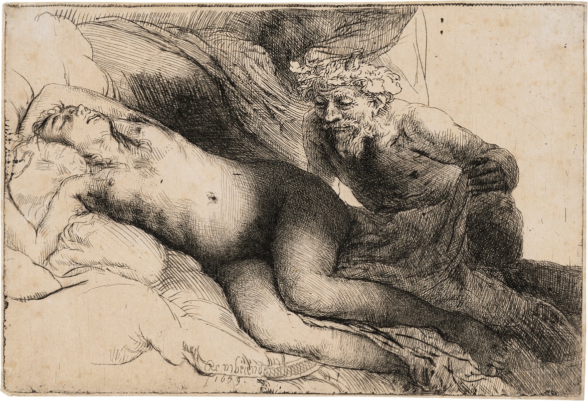 Rembrandt's 'Jupiter and Antiope' depicts a mythological scene with rich colors and dramatic lighting.