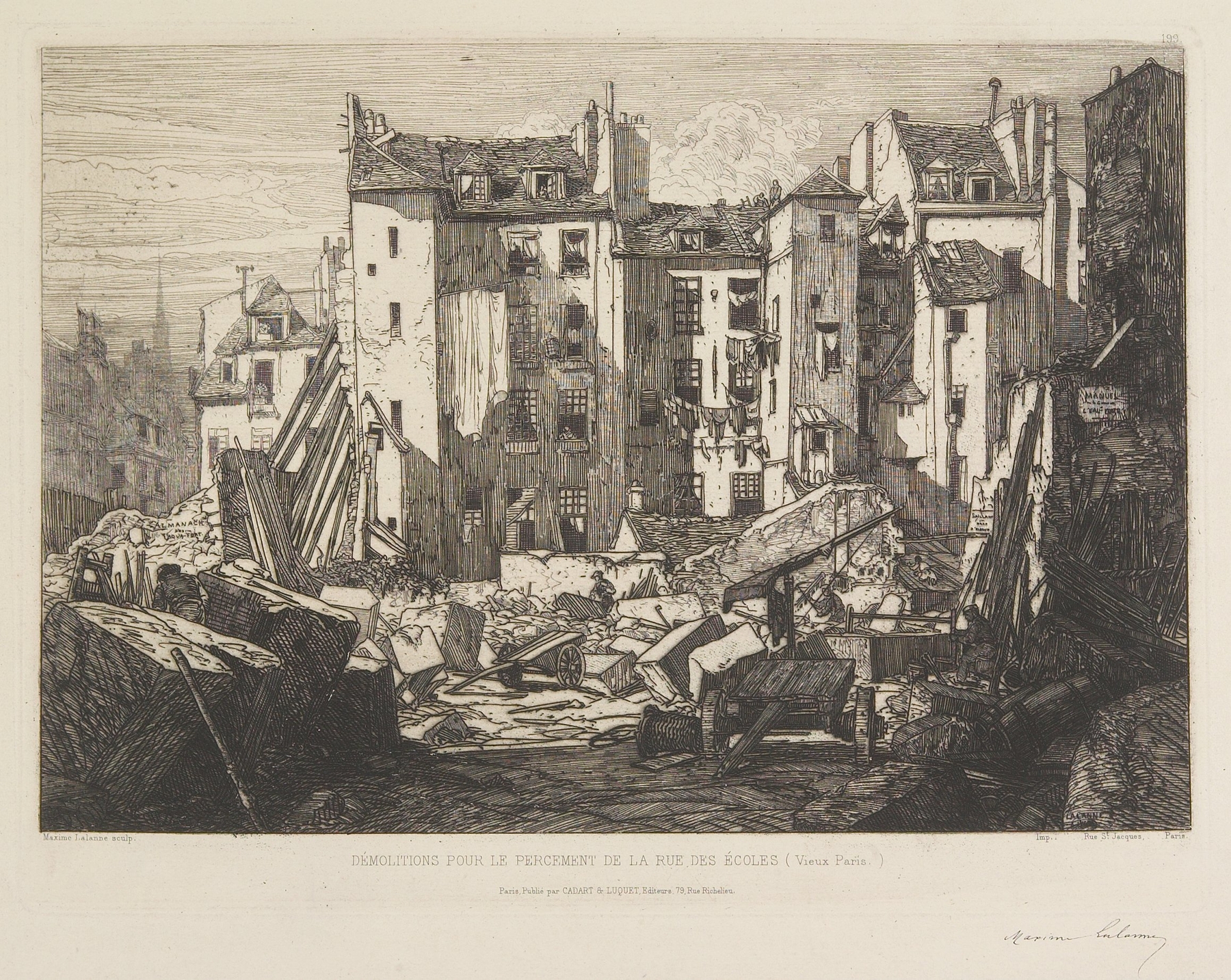 Engraving by Maxime Lalanne depicting Parisian ruins and debris under a gray sky