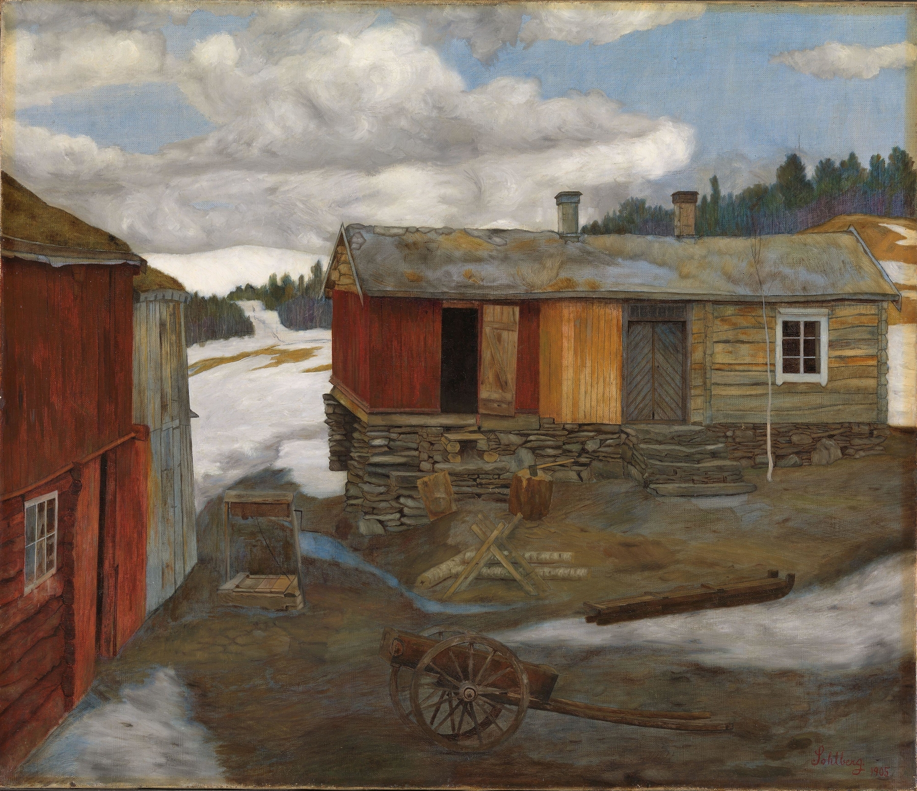 Courtyard in Slush at Røros by Harald Sohlberg, oil on canvas, depicting a landscape of winter melting into spring.
