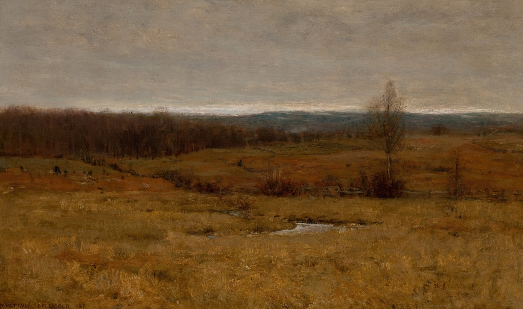 Landscape, December 1887 by Dwight William Tryon, oil on canvas depicting a winter scene with trees and soft light.