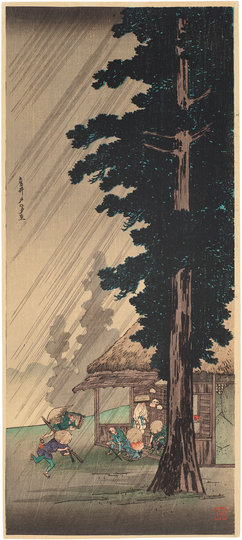 Woodblock print by Takahashi Hiroaki depicting a rain-soaked landscape at twilight.
