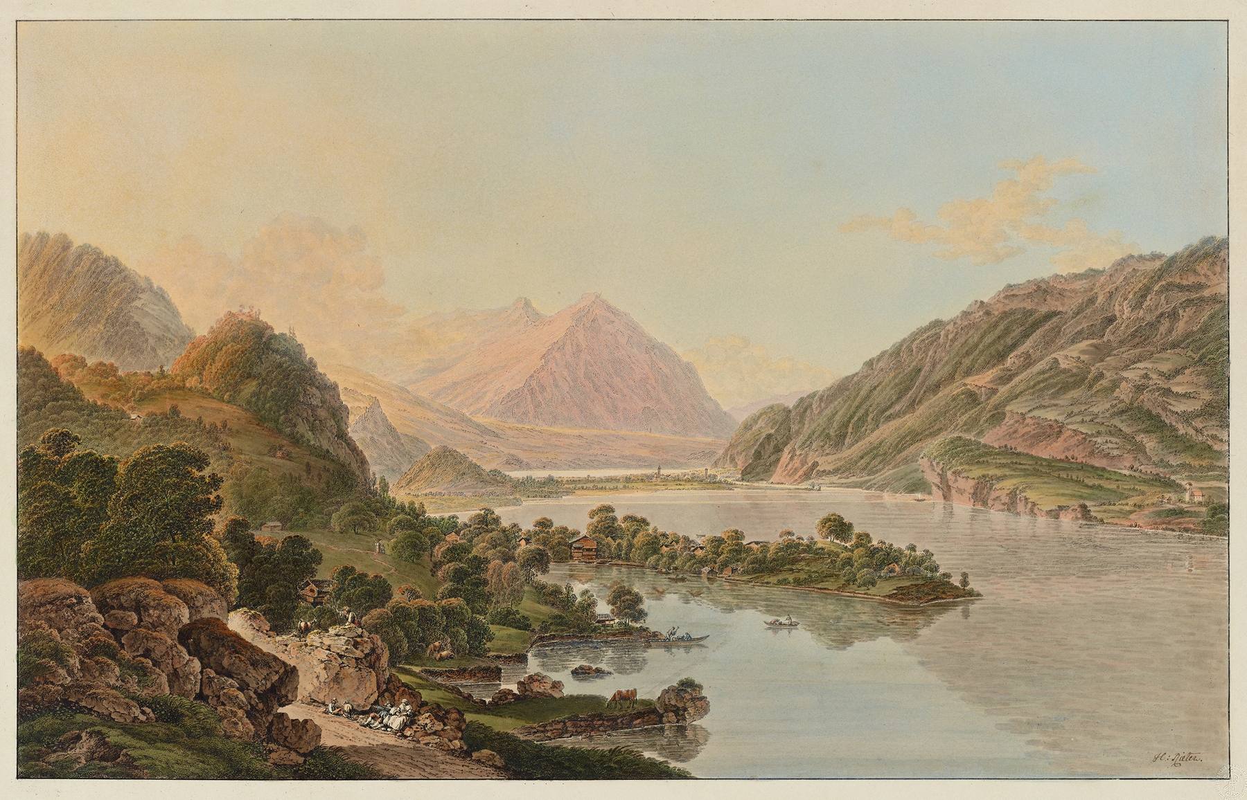 Oil painting by Heinrich Rieter featuring serene lake, rolling hills, and clouds.