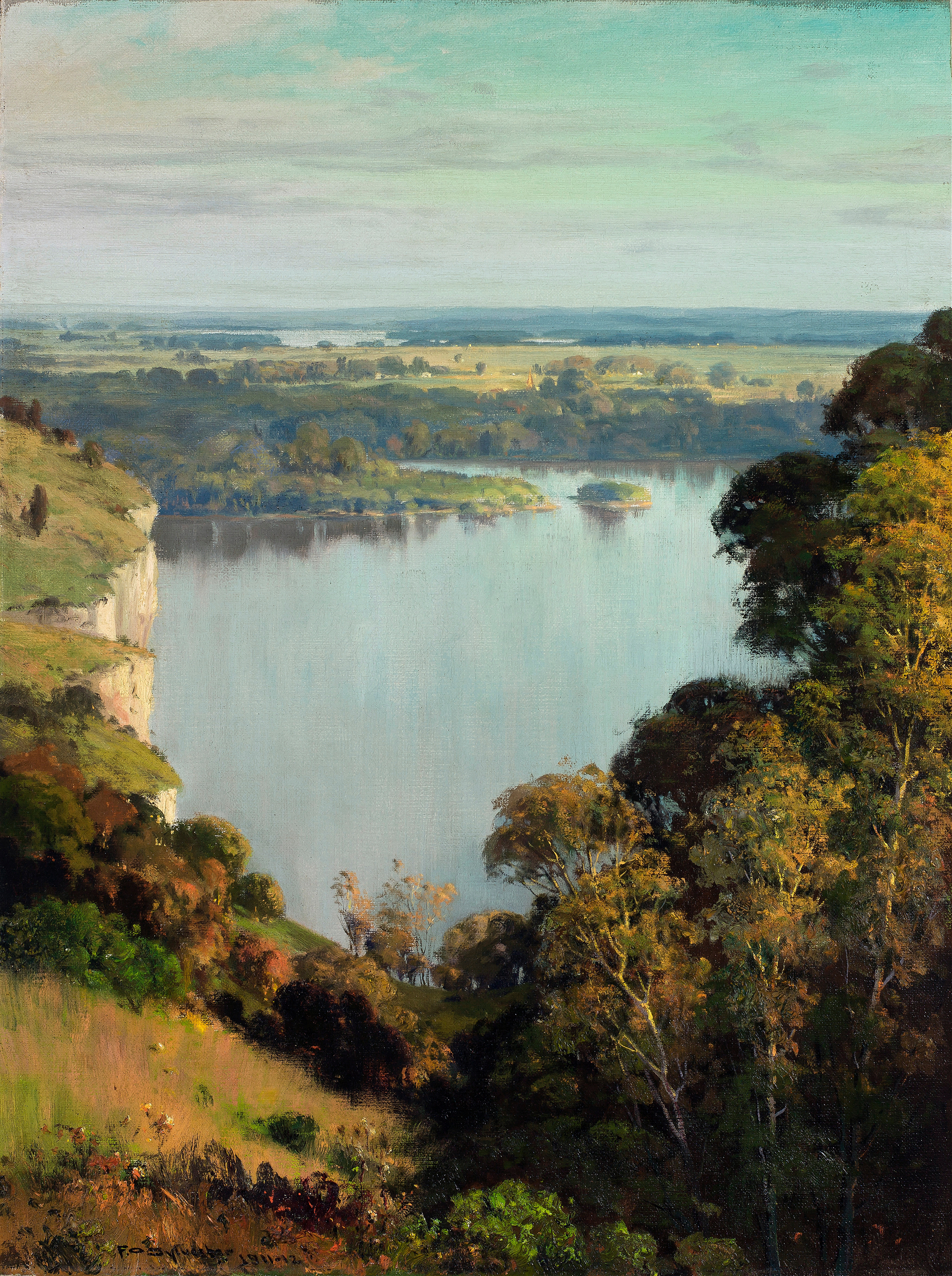 The River’s Golden Dream by Frederick Oakes Sylvester, oil painting depicting a shimmering river.