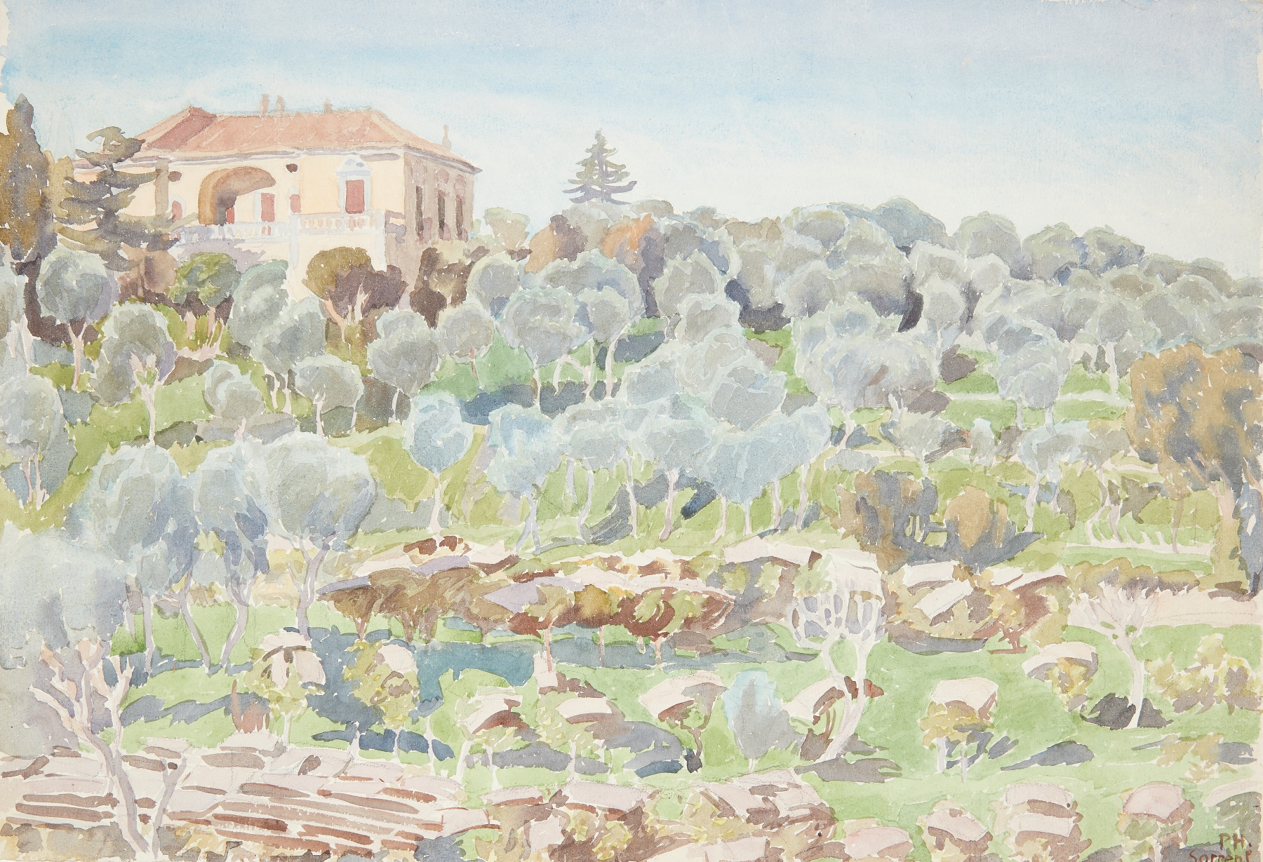 Landscape with olive trees and a villa, oil on canvas by Peter Hansen