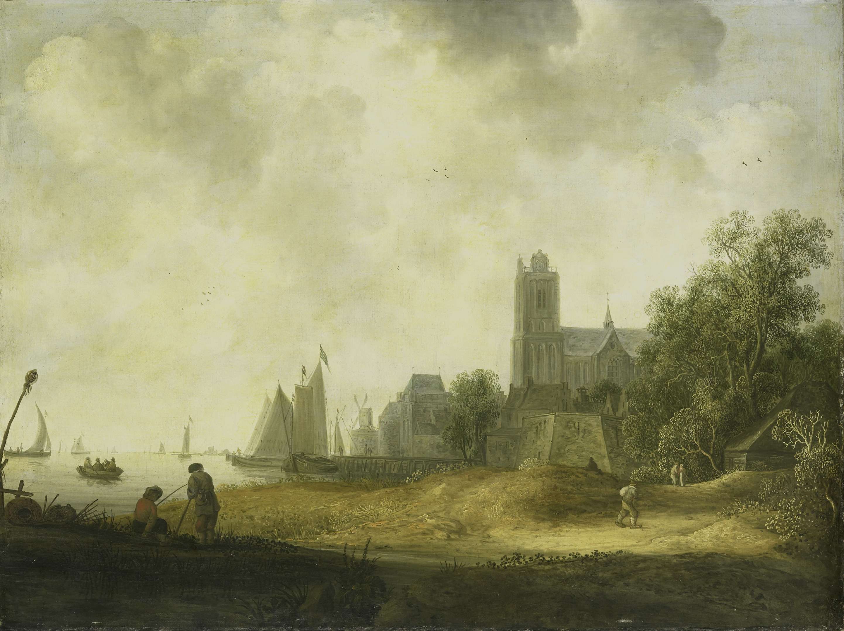 View of Dordrecht by Wouter Knijff, oil on canvas depicting a serene river landscape.