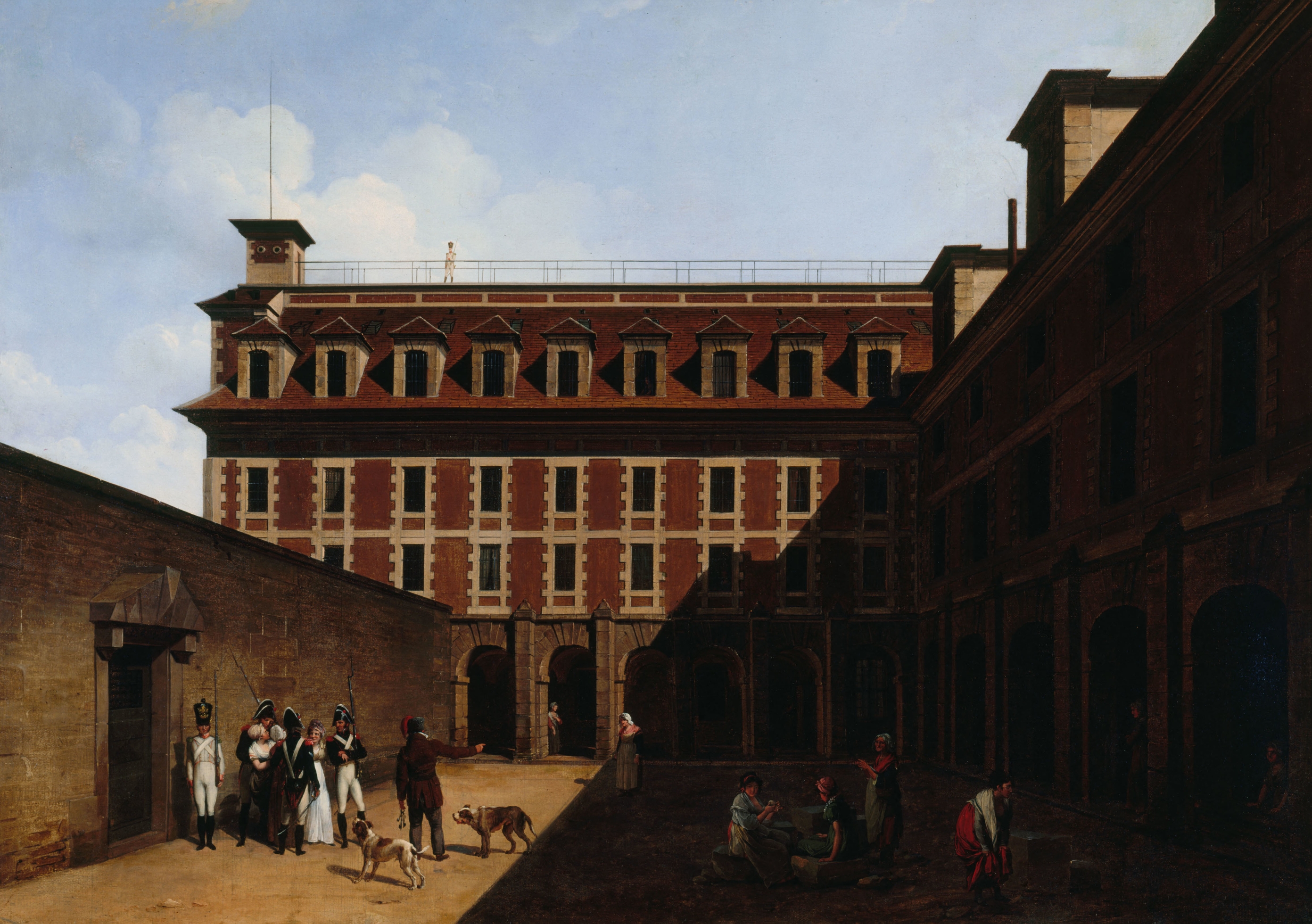 La Prison Des Madelonnettes by Louis-Léopold Boilly, oil painting depicting somber figures near a prison.
