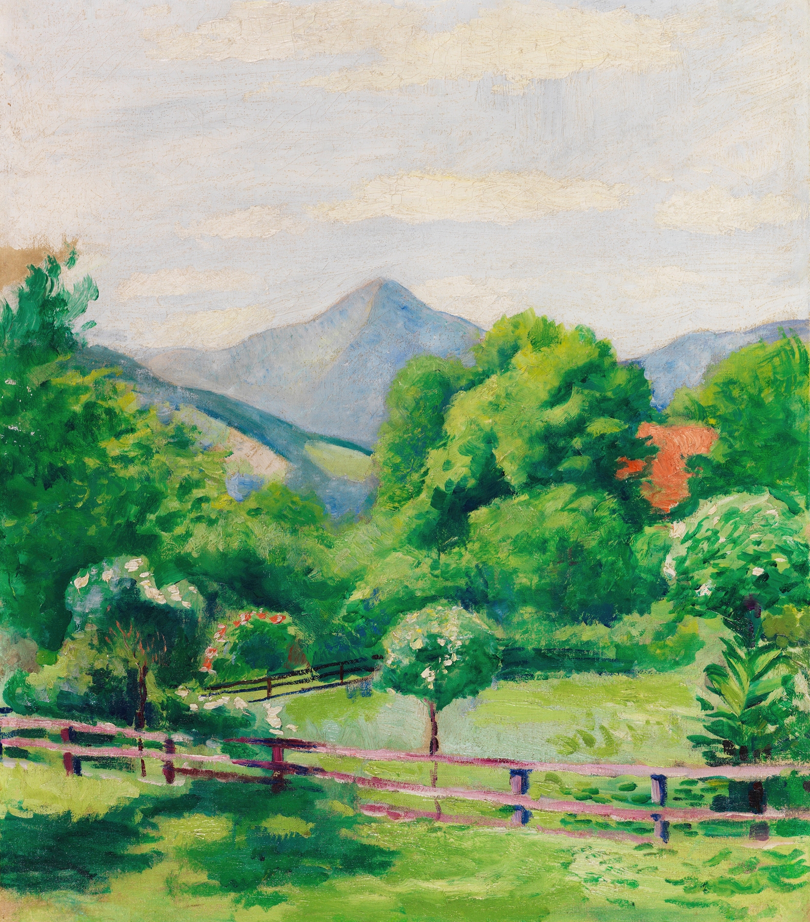 Garten in Tegernsee mit Haus und Berg, by August Macke, public domain