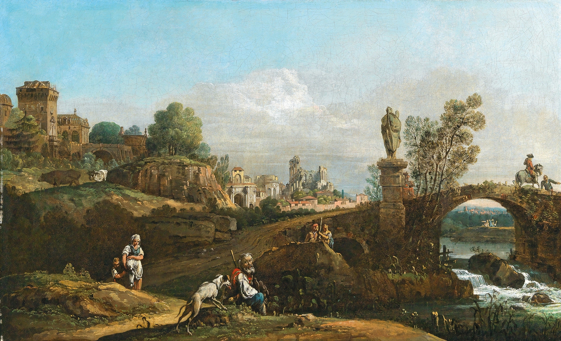 Landscape capriccio with classical and medieval motifs and some buildings from Dresden, by Bernardo Bellotto, public domain