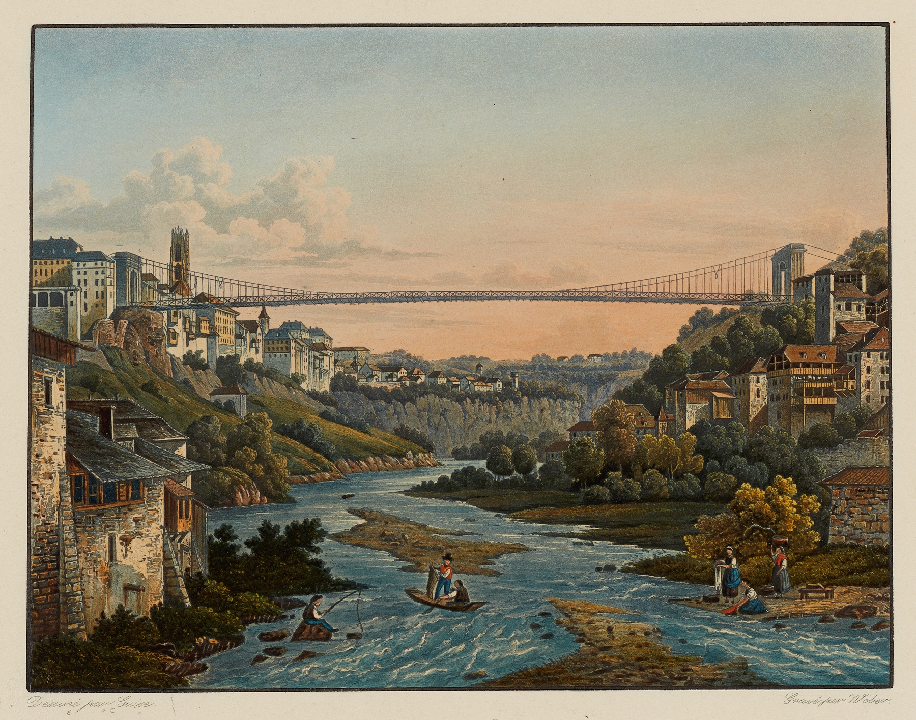 Landscape of Fribourg with a bridge over a river by Constantin Guise, oil painting.