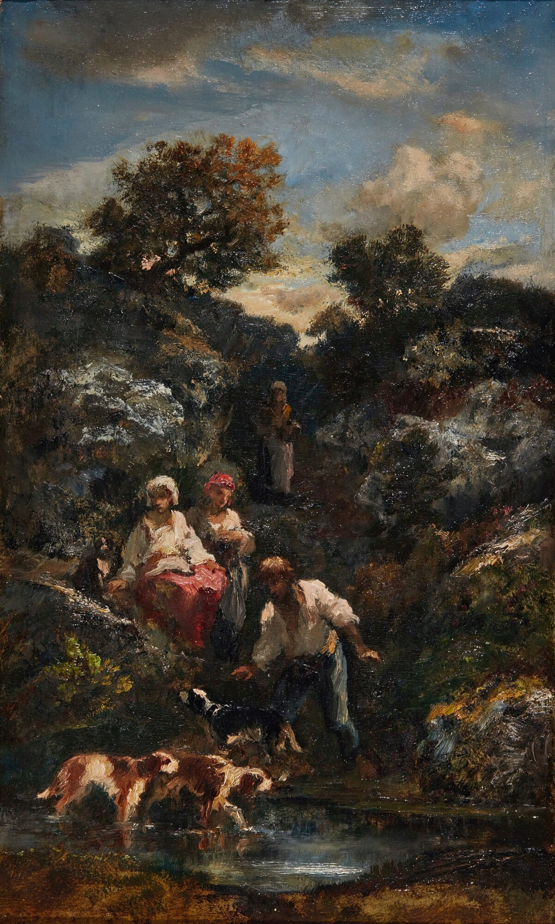 Oil painting by Narcisse-Virgile Diaz de La Peña featuring bohemians by water and rocks.