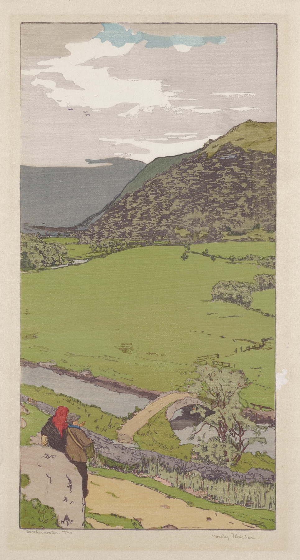 Brotherswater by Frank Morley Fletcher, watercolor on paper depicting a tranquil lake and mountains.