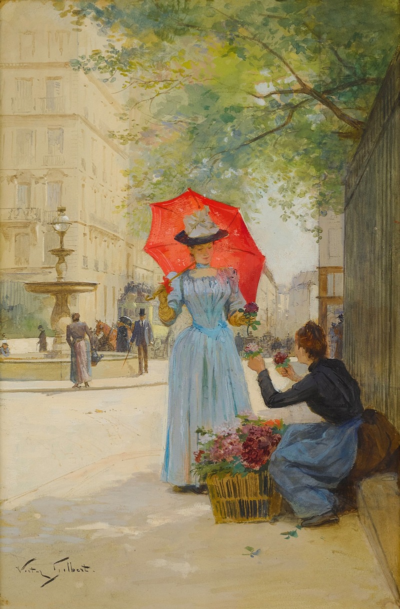 Figurative oil painting by Victor Gabriel Gilbert featuring a young woman with an umbrella and flowers.