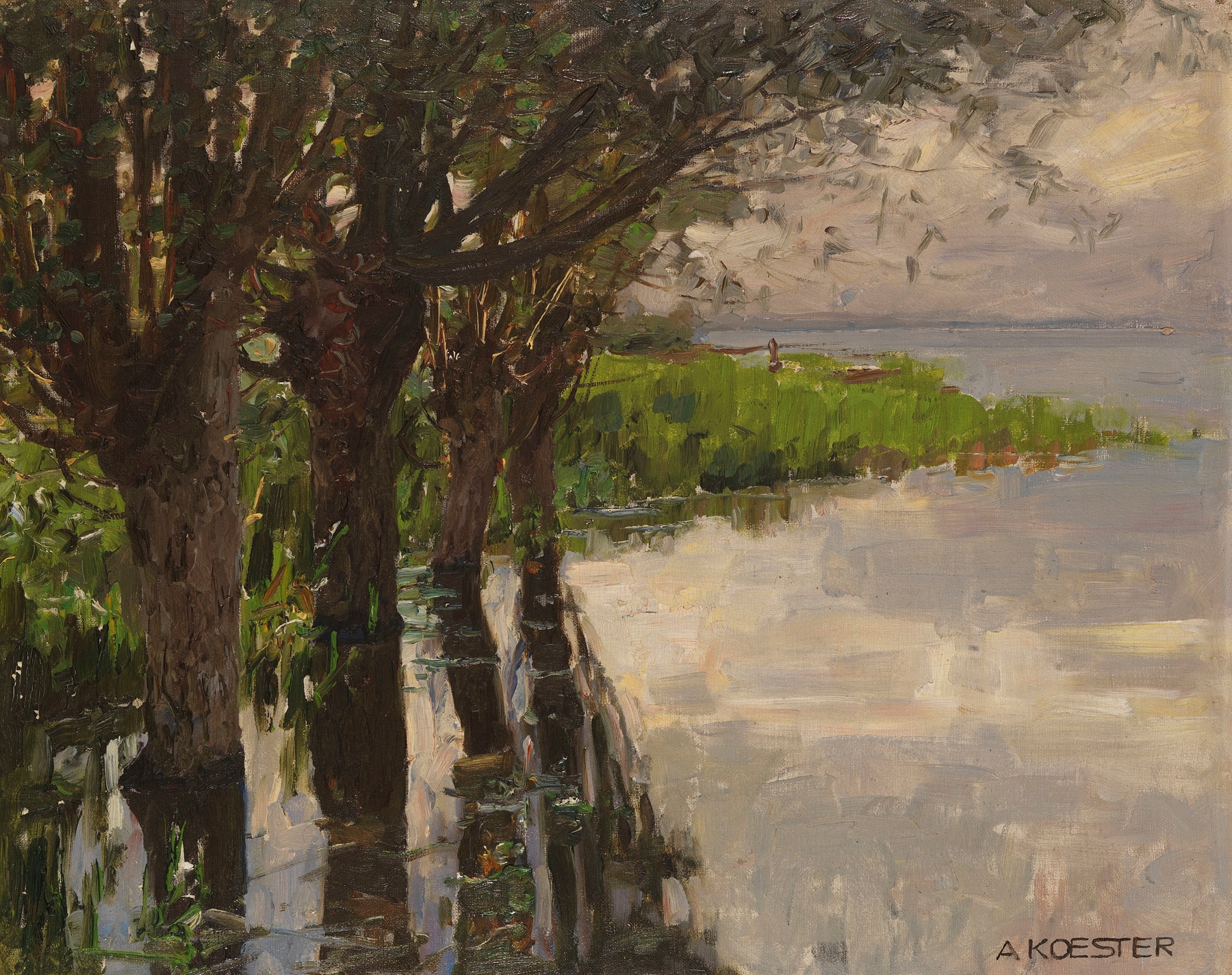 Autumn landscape with vibrant leaves and a tranquil lake by Alexander Koester, oil on canvas