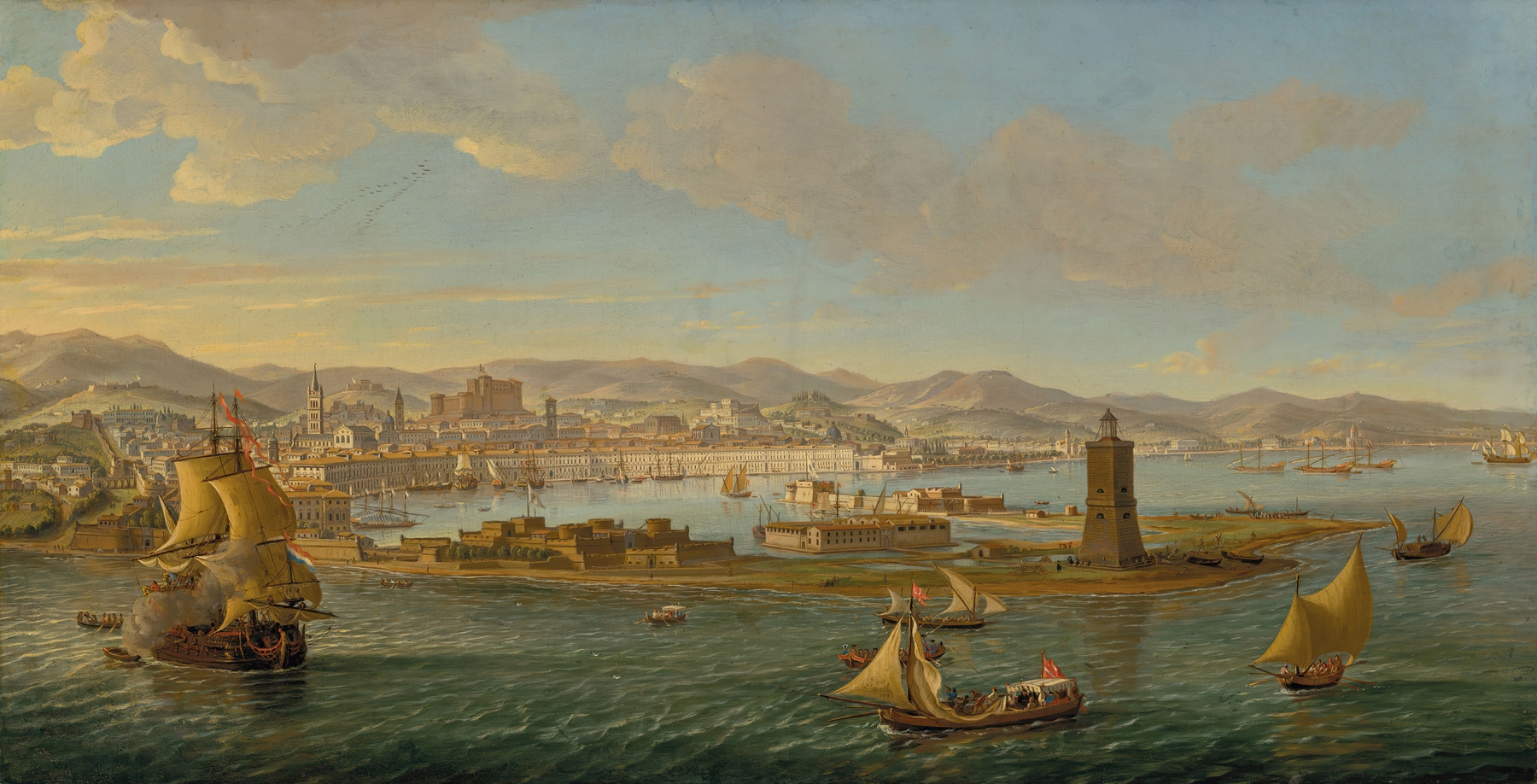 The Port of Messina by Gaspar Van Wittel, oil on canvas depicting a serene harbor with ships.