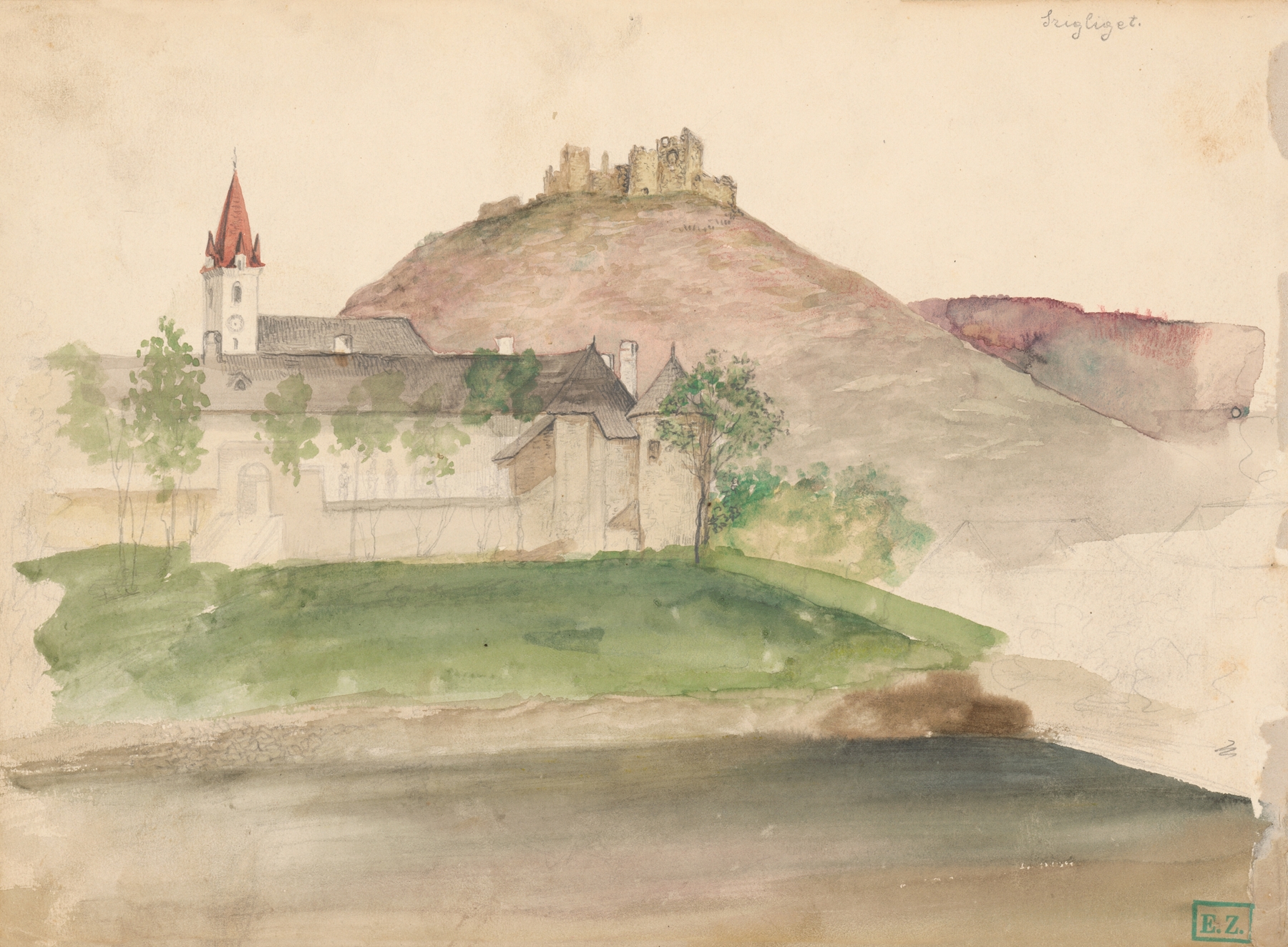 Landscape featuring castle ruins by Vojtech Klimkovič, oil painting from 1860