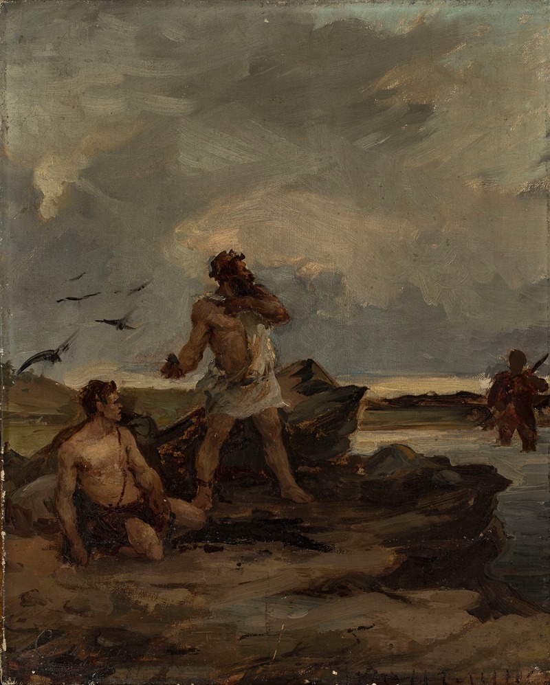 A sketch depicting two men engaged in a robbery.