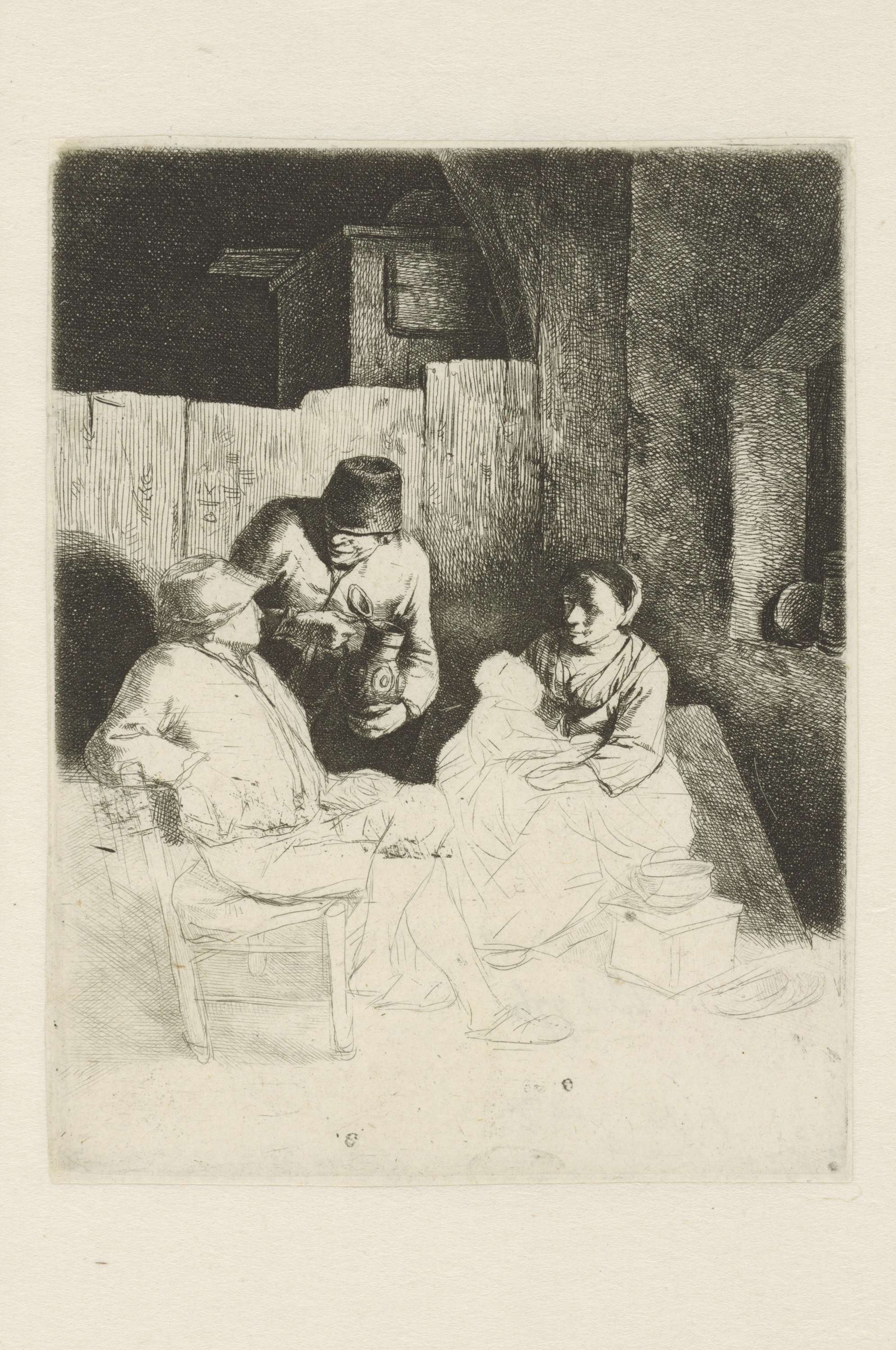 Twee mannen en vrouw met kind zittend in herberg, by Cornelis Pietersz. Bega, public domain