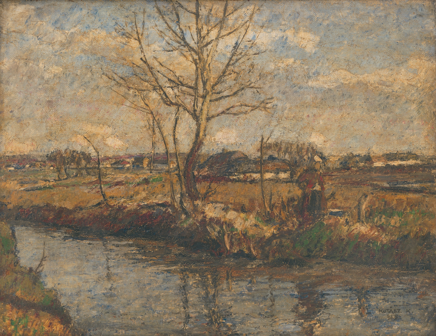 Landscape oil painting by Károly Kotász featuring hills and a stream.