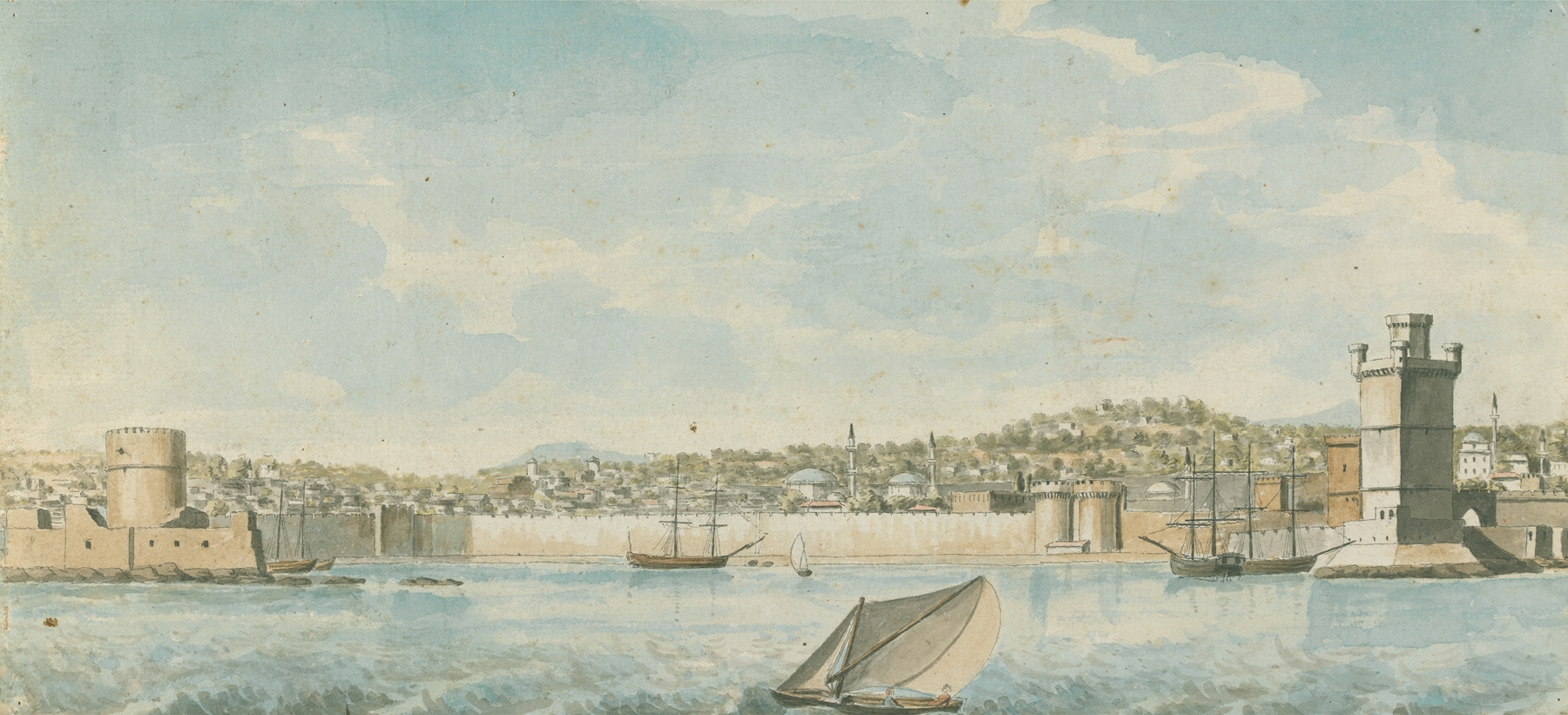 Oil painting by Willey Reveley depicting a walled town and harbour at sunset