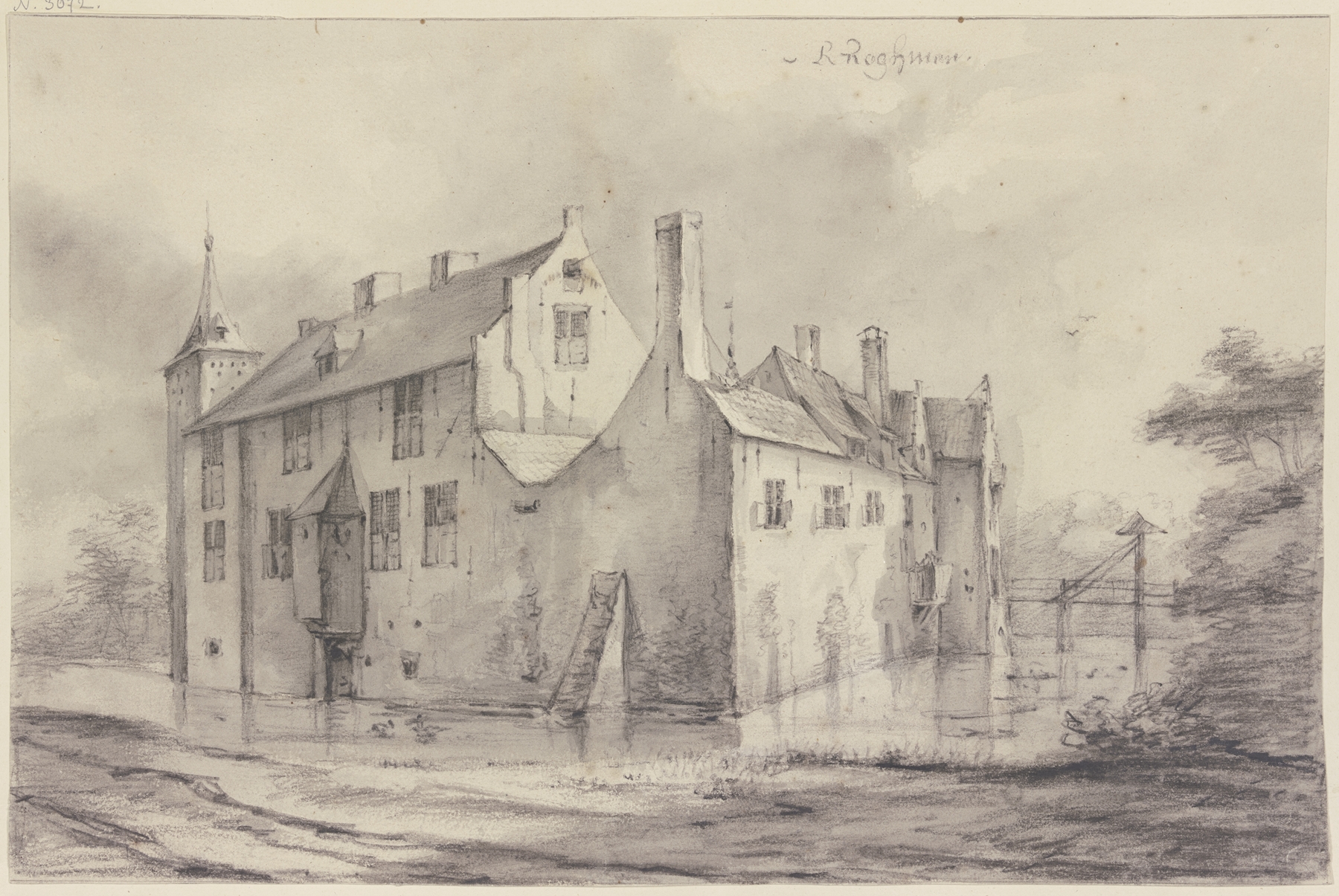 Kasteel Nieuwenroy bei Oudheusden by Roelant Roghman, oil on canvas depicting a tranquil landscape.