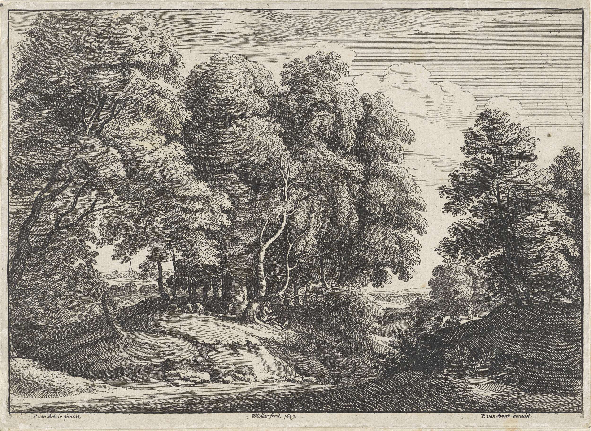 Pastoral landscape with a resting shepherd, etching by Wenceslaus Hollar