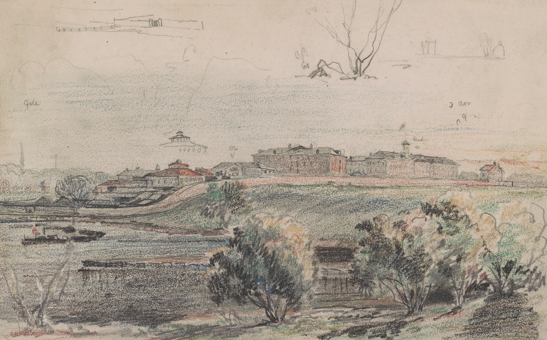 Philadelphia or possibly Camden, probably from the banks of the Delaware, given the steam ferry boat at left, by James Fuller Queen, public domain