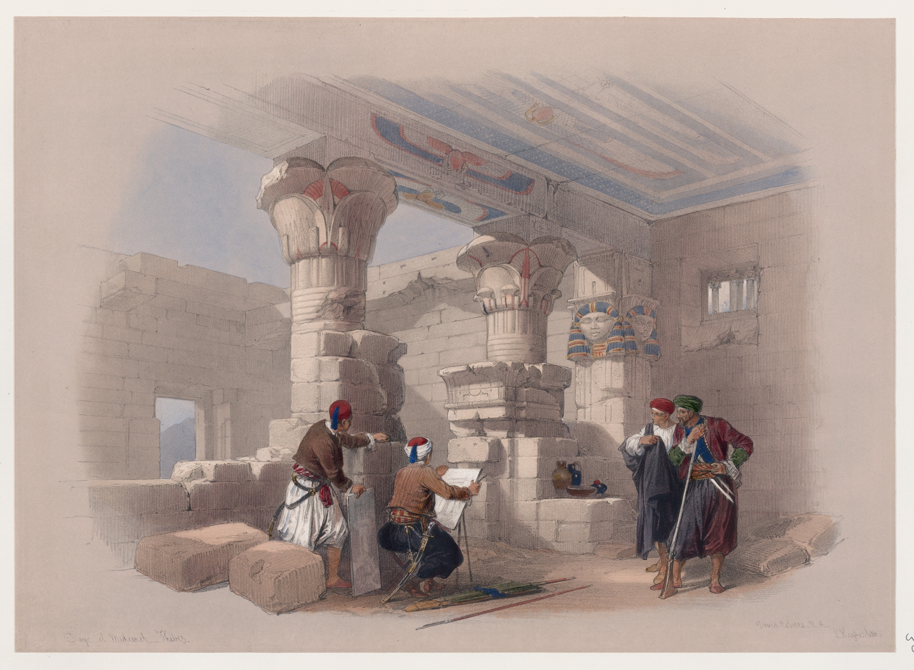 Dayr el Medeeneh oil painting by David Roberts depicting desert ruins and a dramatic sky.