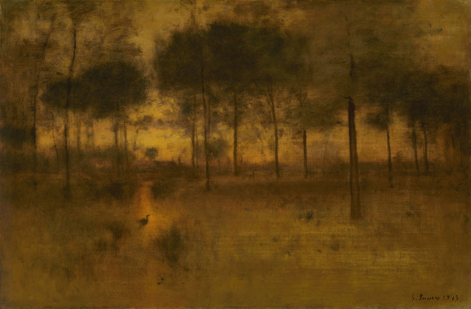 The Home of the Heron by George Inness, oil painting of a heron by the water's edge