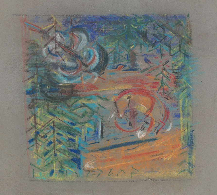 A painting depicting a fox in a natural setting.