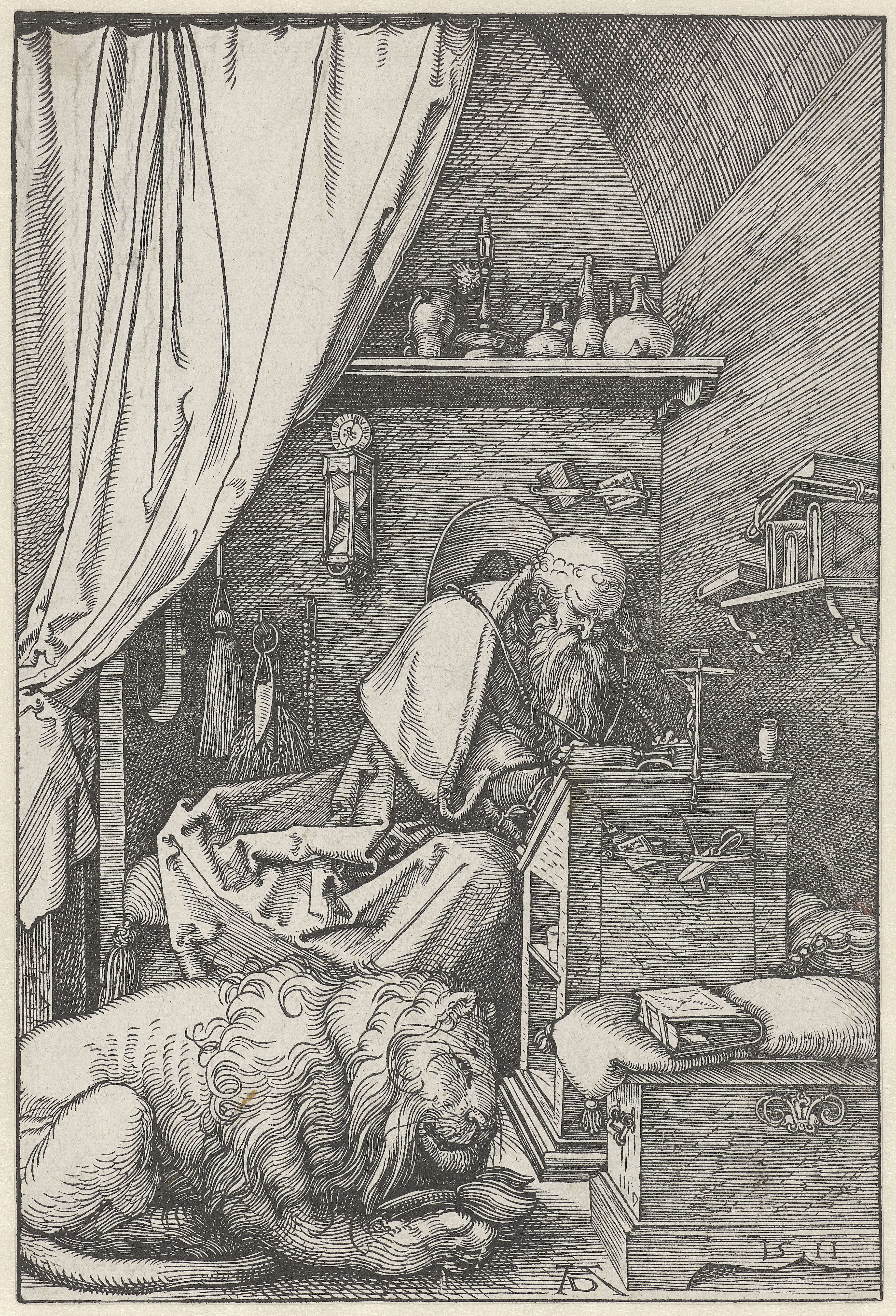 De Heilige Hiëronymus in zijn studeervertrek, by Albrecht Dürer, public domain