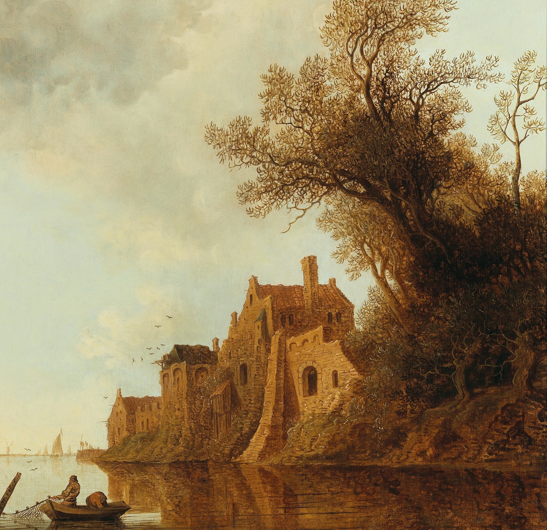 A river landscape with a fortified town and a fishing boat, oil on canvas by Anthonie Jansz. van der Croos