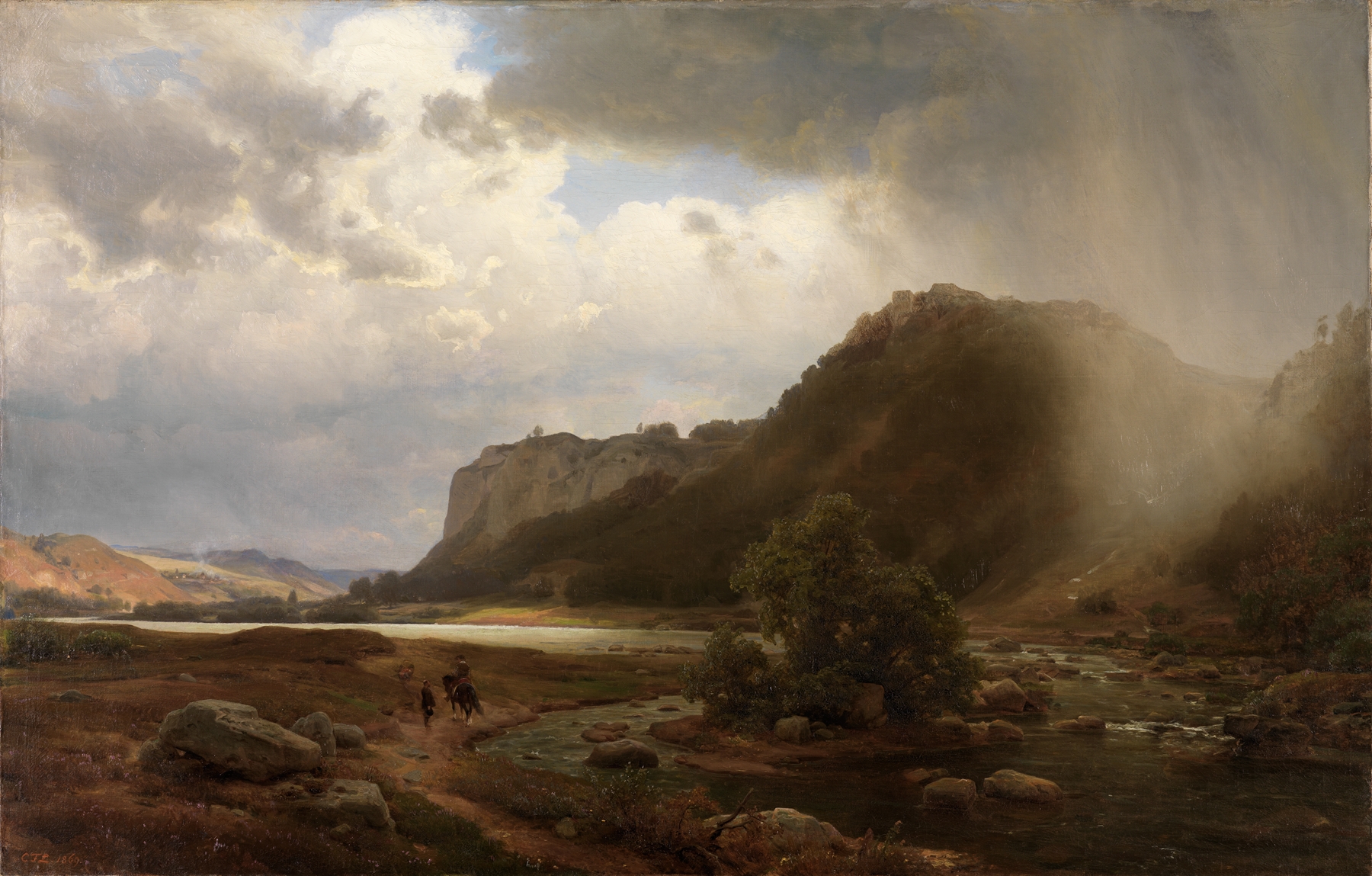 Flußlandschaft by Karl Friedrich Lessing, oil on canvas depicting a tranquil river landscape.