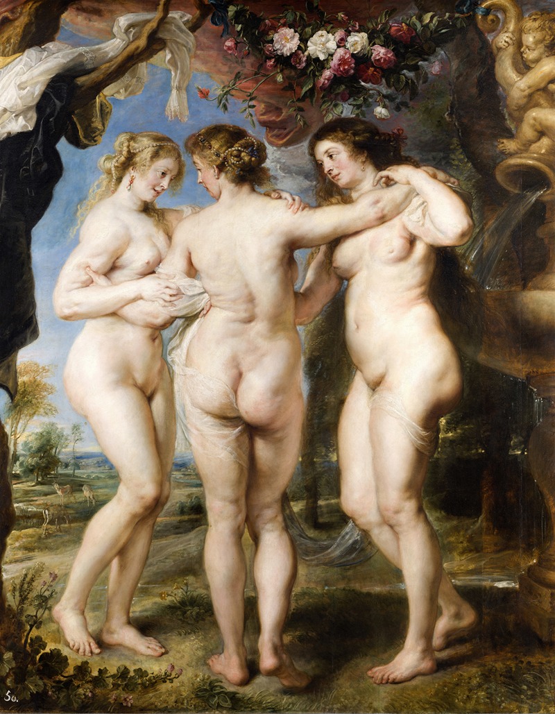 The Three Graces by Peter Paul Rubens, oil painting of three nude figures in a natural setting.