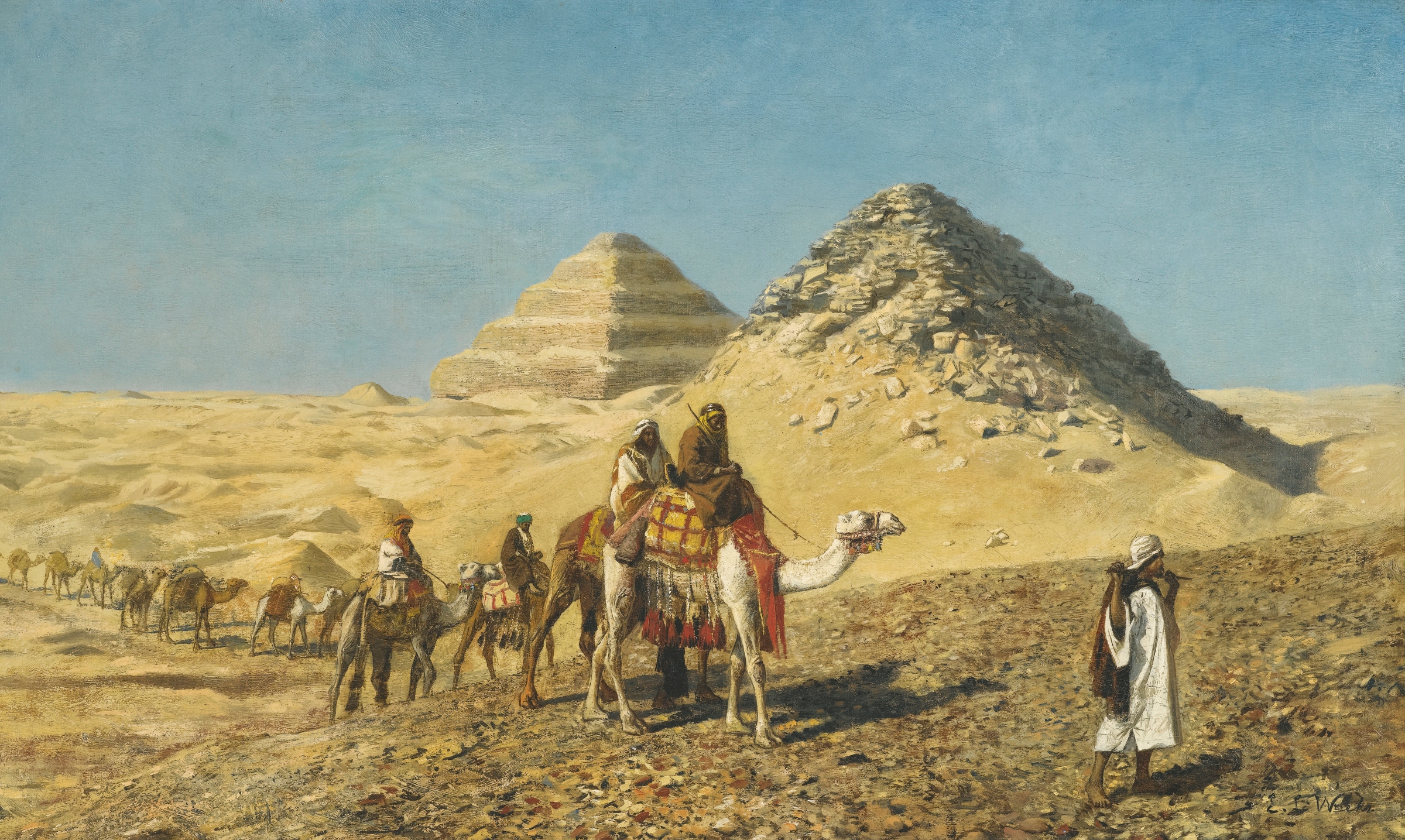 Camel caravan in a desert landscape with pyramids, oil on canvas by Edwin Lord Weeks.