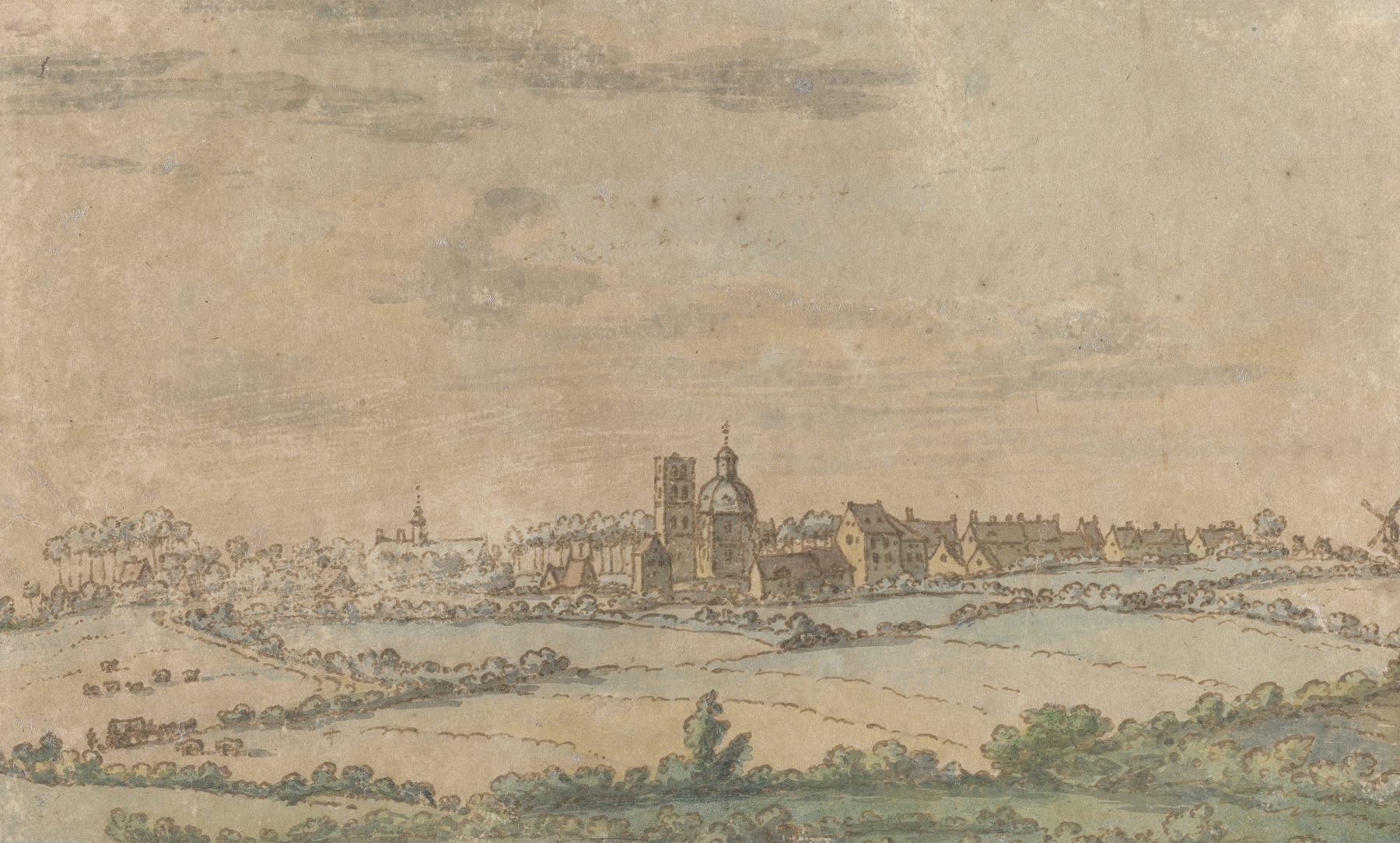 View of Scherpenheuvel by Josua de Grave, oil on canvas depicting hills and clouds.