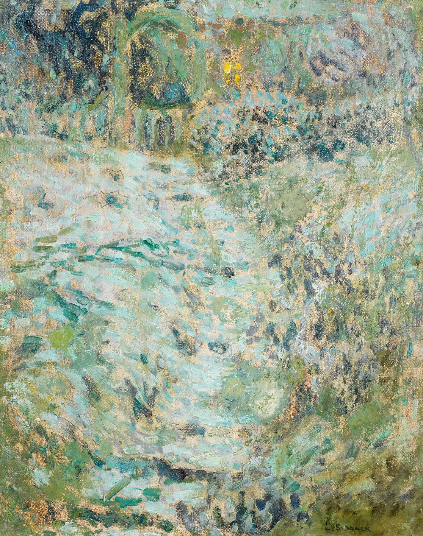 Escalier dans le jardin – sans la neige à Gerberoy by Henri Le Sidaner, impressionist oil painting of a garden stairway.