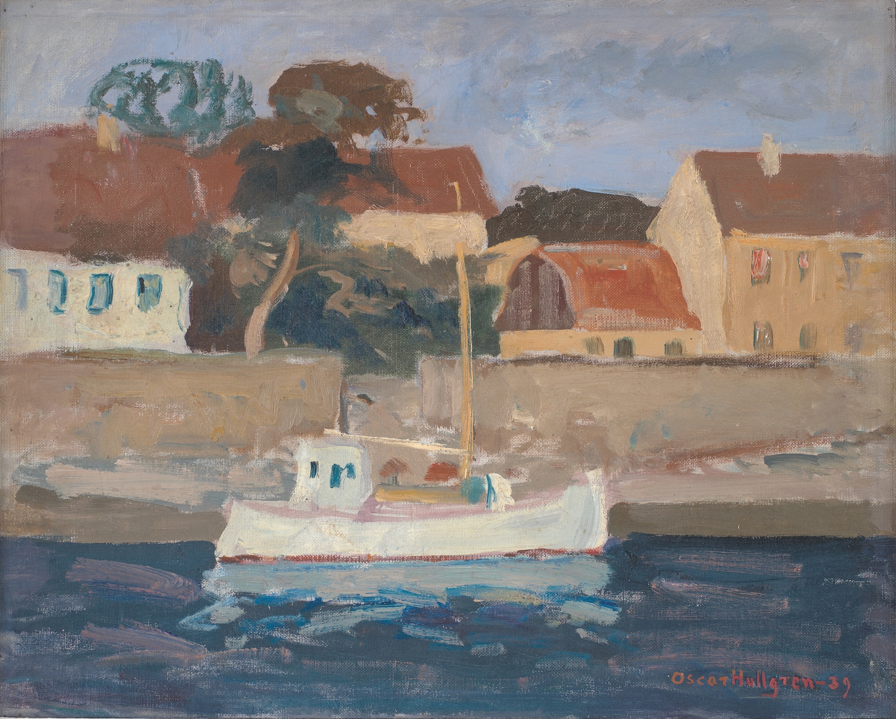 Night, Christiansø by Oscar Hullgren, oil on canvas depicting a twilight landscape with water.