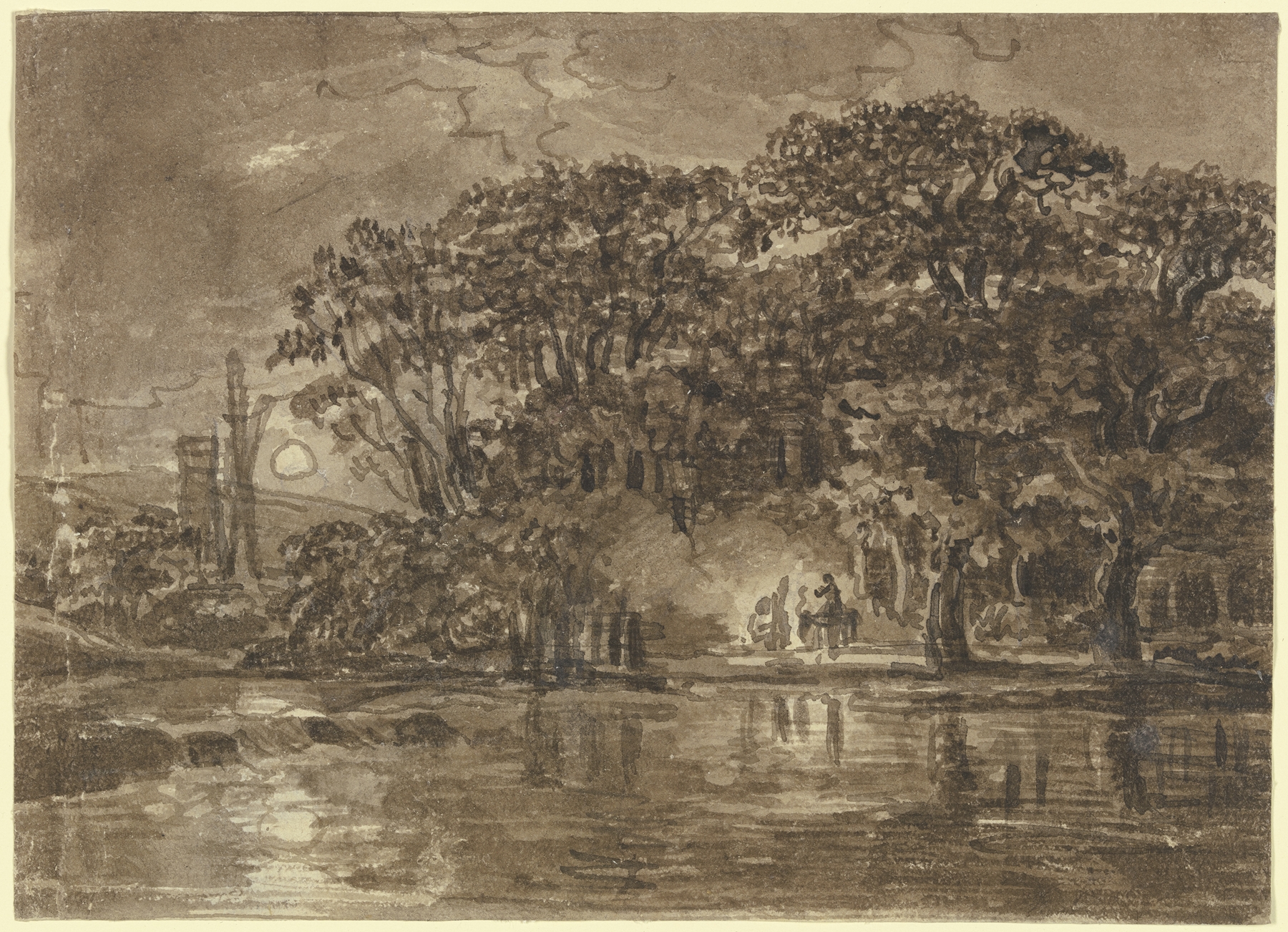 Nocturnal River Landscape by Johann Christian Reinhart, oil on canvas depicting a twilight river scene.