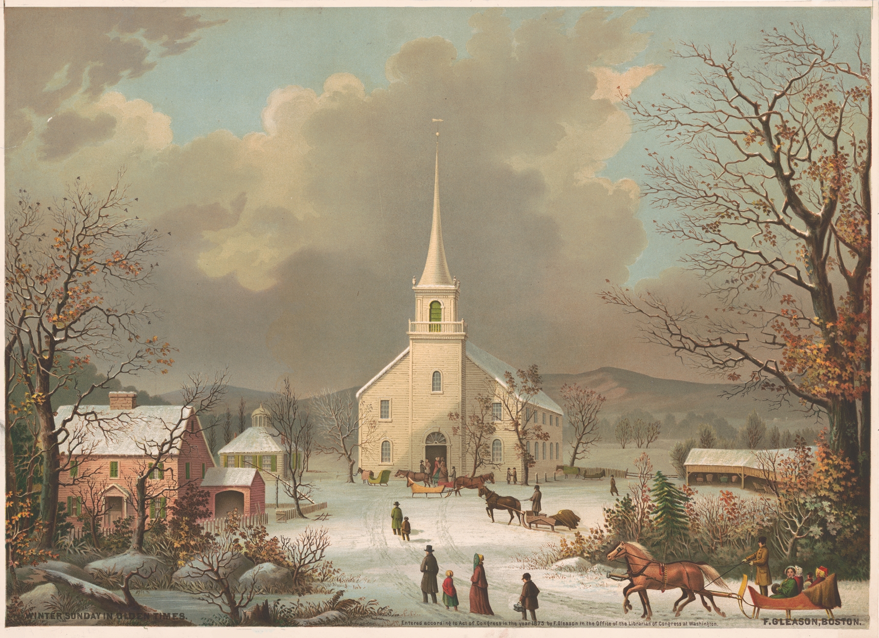 Winter Sunday in Olden Times by F. Gleason, depicting a snowy landscape with trees.