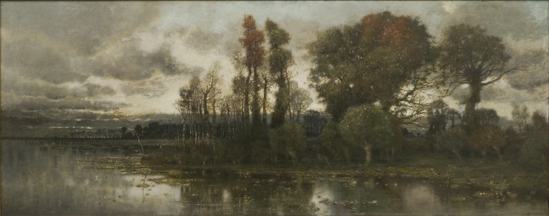 Autumn Landscape near Pavia by Karl Heffner, oil painting depicting a serene landscape with trees and golden leaves.