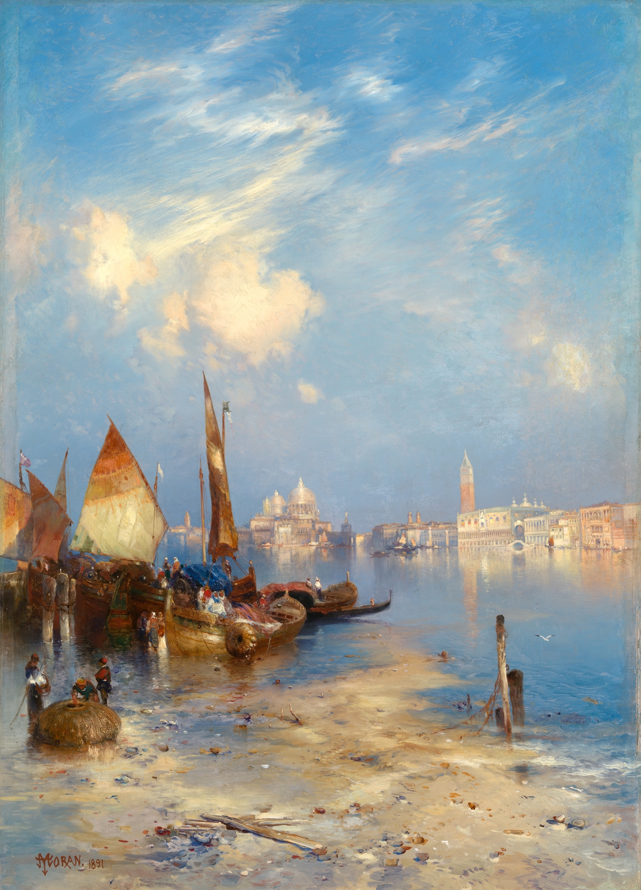 A View of Venice by Thomas Moran, oil on canvas depicting a sunset over the canal.