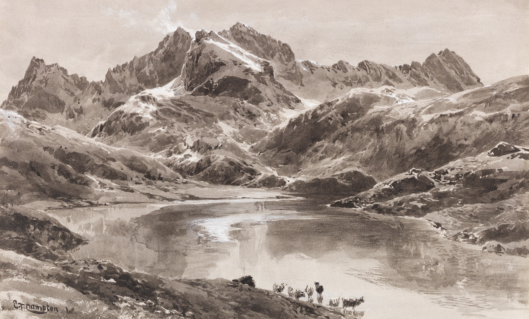 Landscape of Zürsersee reflecting Wildgrubenspitze, oil painting by Edward Theodore Compton