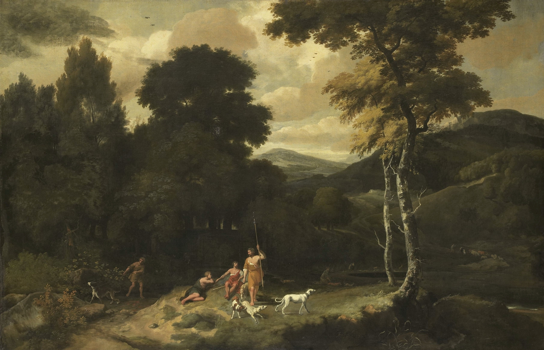 Landscape with Hunters by Jacob Esselens, oil on canvas depicting hunters in a serene landscape.