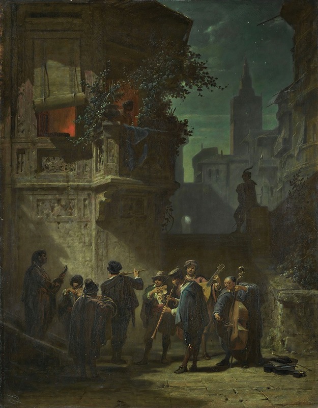 A charming genre scene depicting a serenade in a picturesque setting.